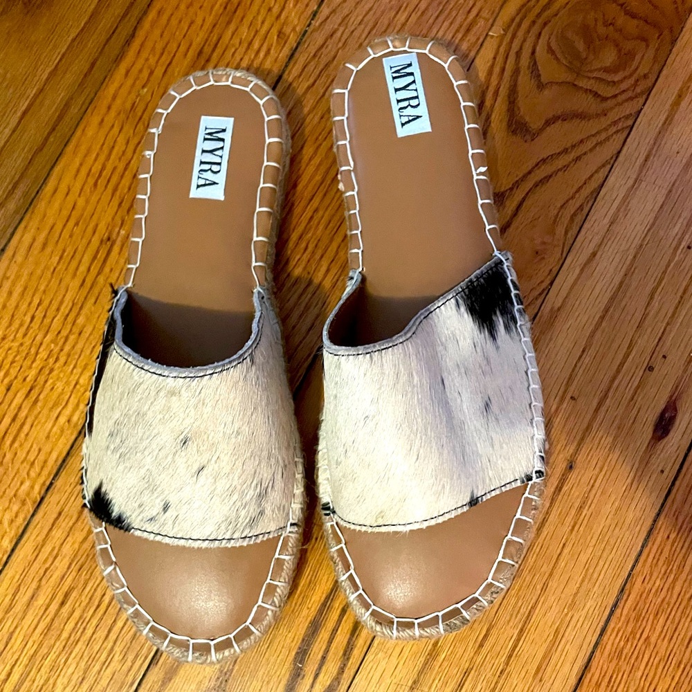 Myra Cow Print Leather Cowhide Flat Sandals